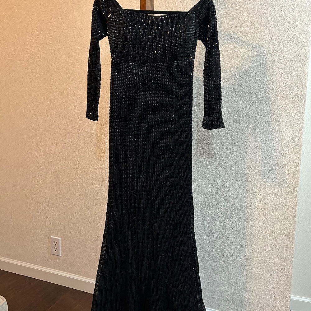 Black sequin mermaid 3/4 sleeve off shoulder dress